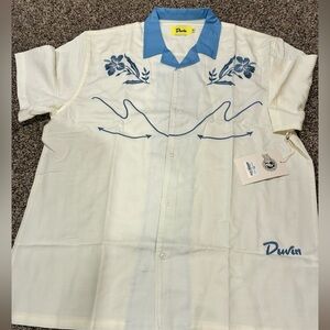Duvin Men's Casual White and Blue Embroidered Shirt